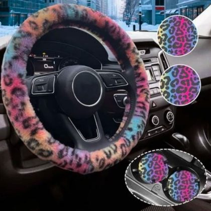 rainbow leopard steering wheel cover set