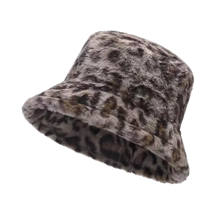 grey leopard print soft plush bucket hat