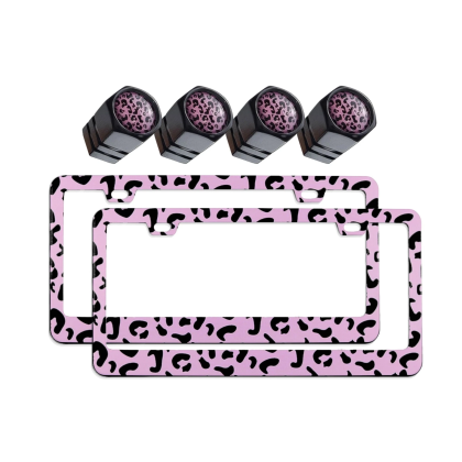pink leopard print aluminum license plate frames and valve caps set