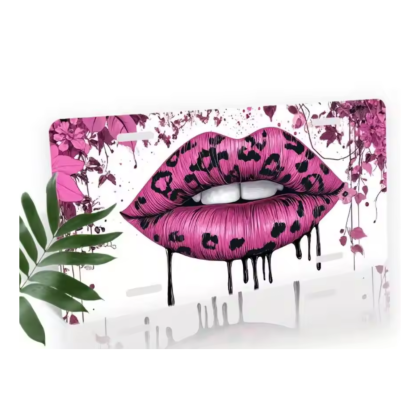 pink leopard print lips design aluminum license plate cover