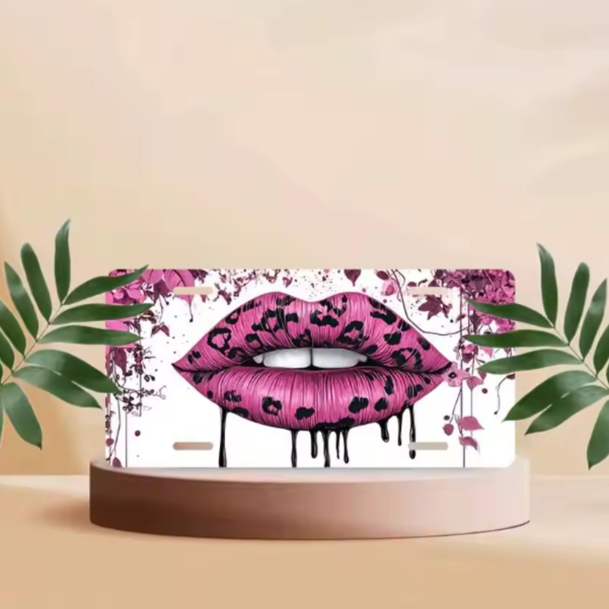 pink leopard print lips design aluminum license plate cover