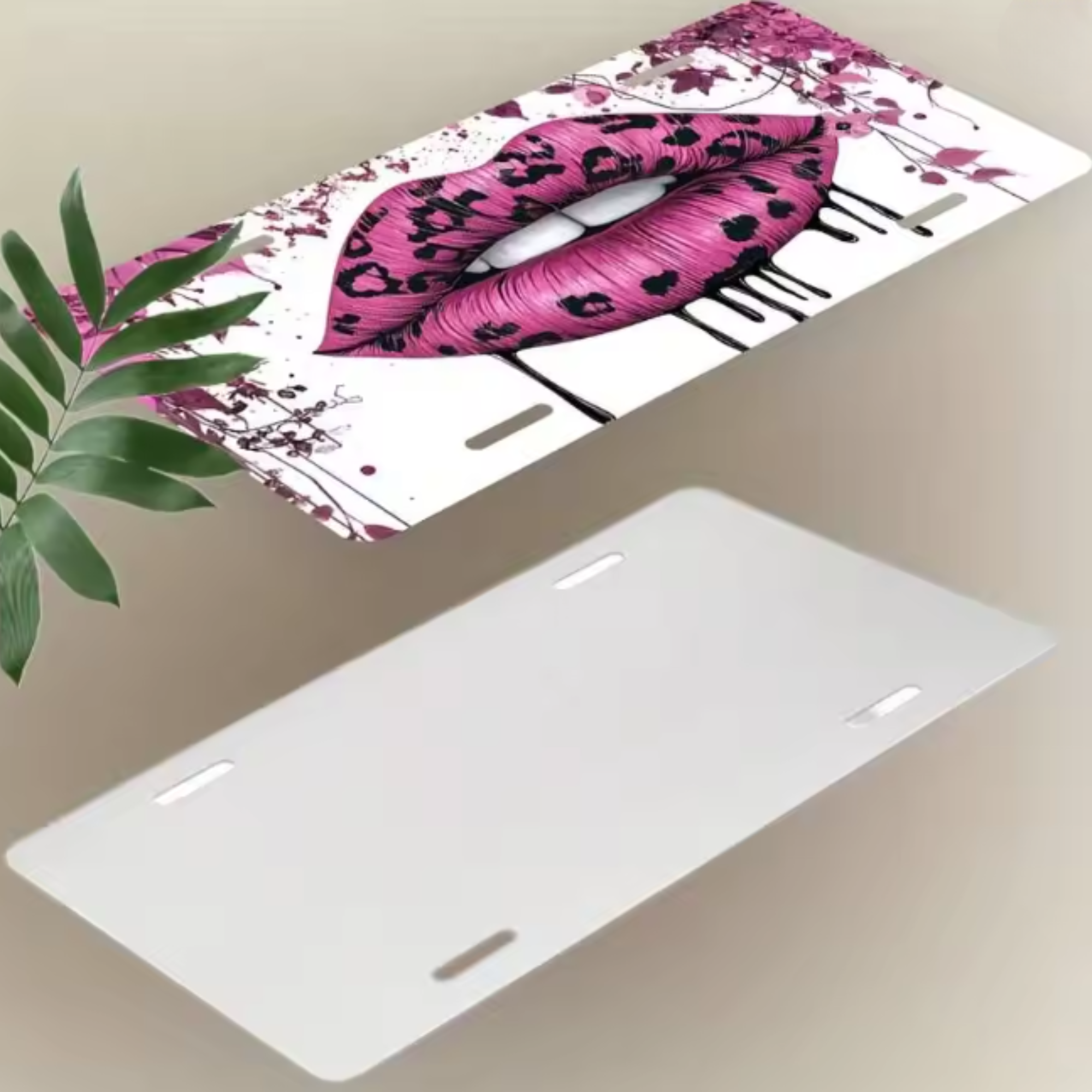 pink leopard print lips design aluminum license plate cover