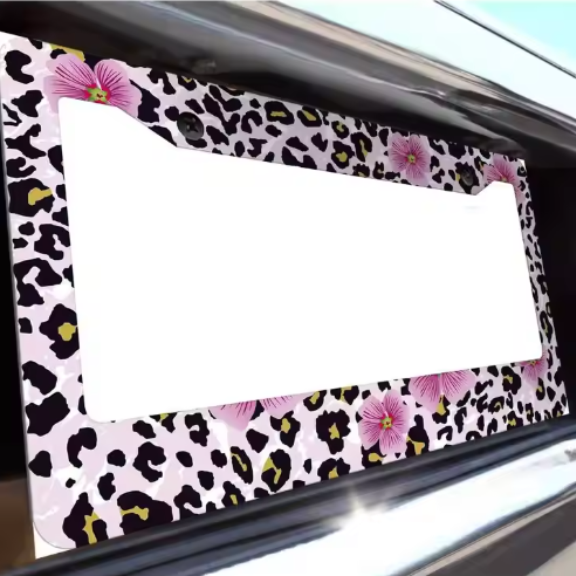 pink floral leopard print aluminum license plate frame