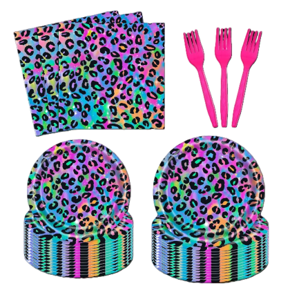 Neon Rainbow Leopard Birthday Tableware for 24