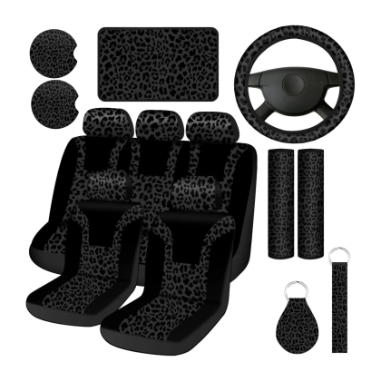 Black 13 Pcs Leopard Print Car Accessories Set