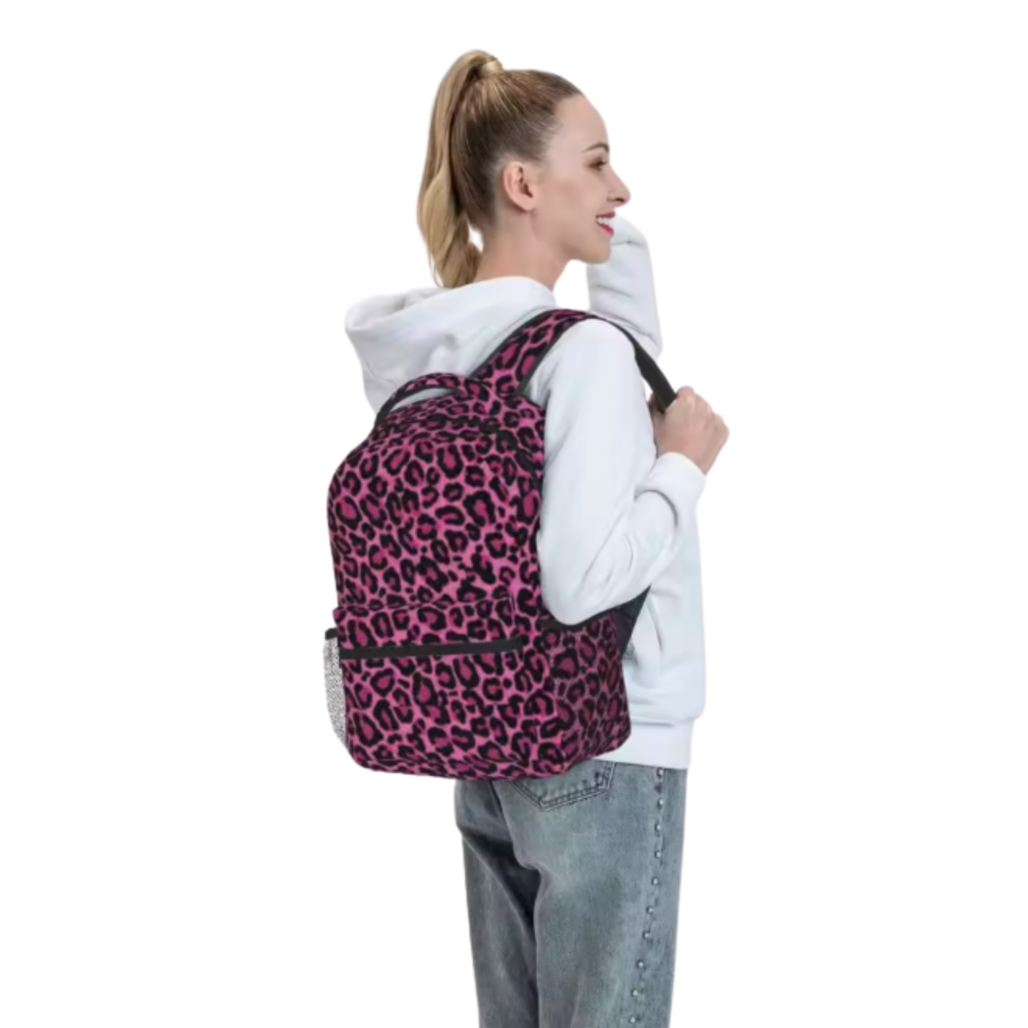 Pink and Black Leopard Print Backpack - Image 4